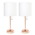 Diamond Sparkle Rose Gold Stick Table Lamp with Charging Outlet & Fabric Shade, White - Set of 2 DI2519787